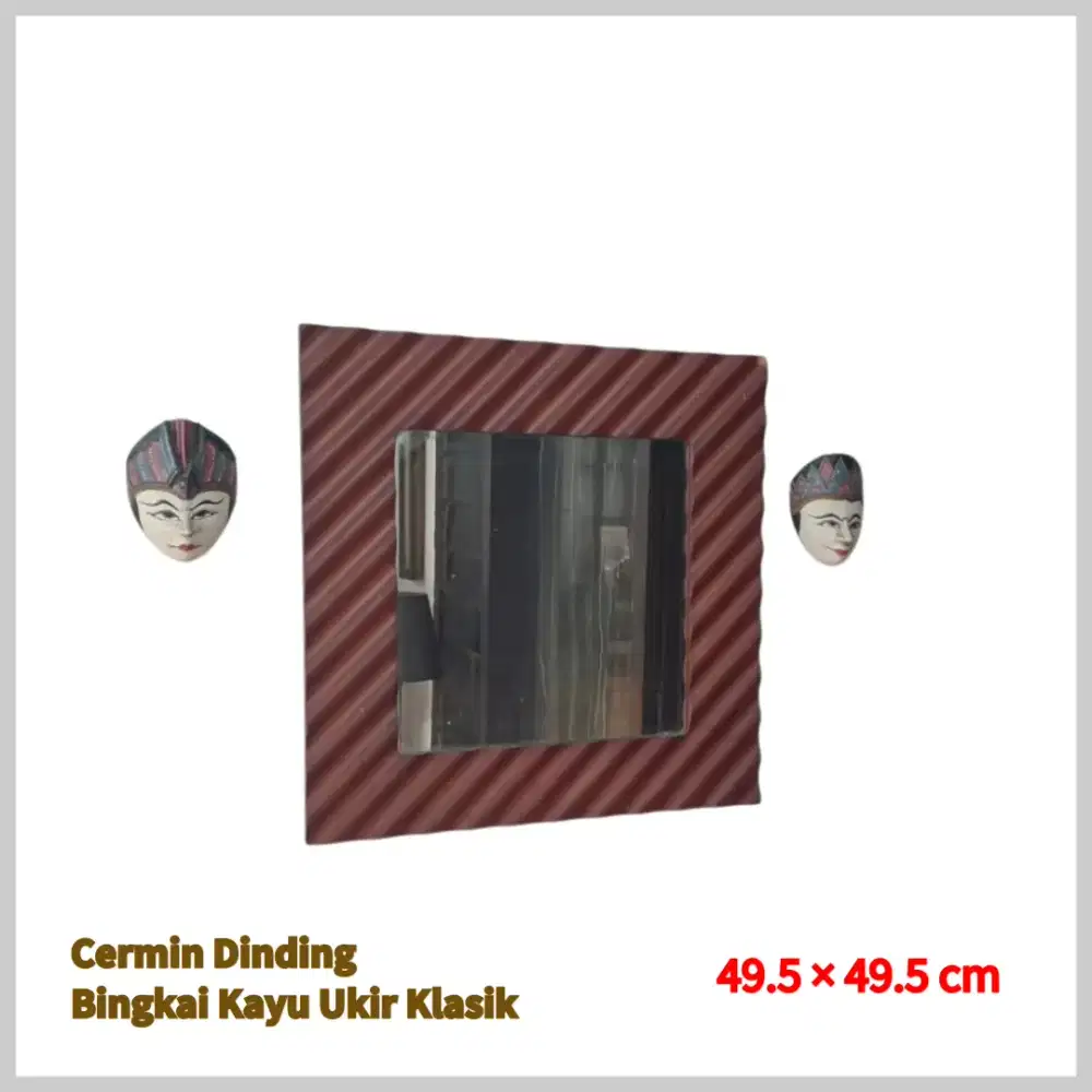 Cermin Dinding Bingkai Kayu Ukir Klasik + 2 Topeng Hias