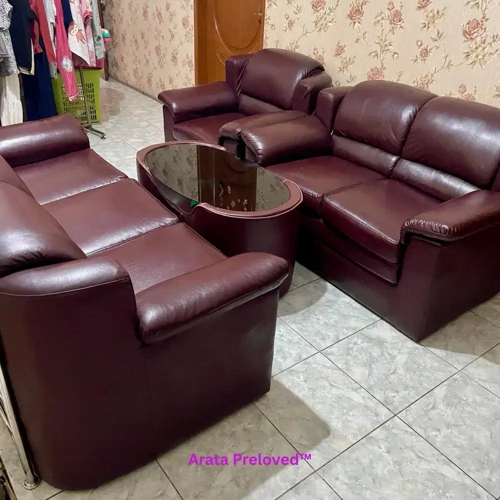 Sofa Set 6 Seater dengan Meja Kaca Kulit Sintetis