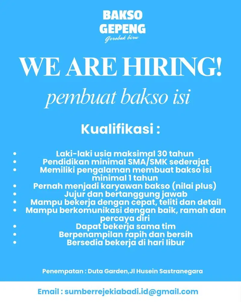 Dibutuhkan crew produksi bakso isi