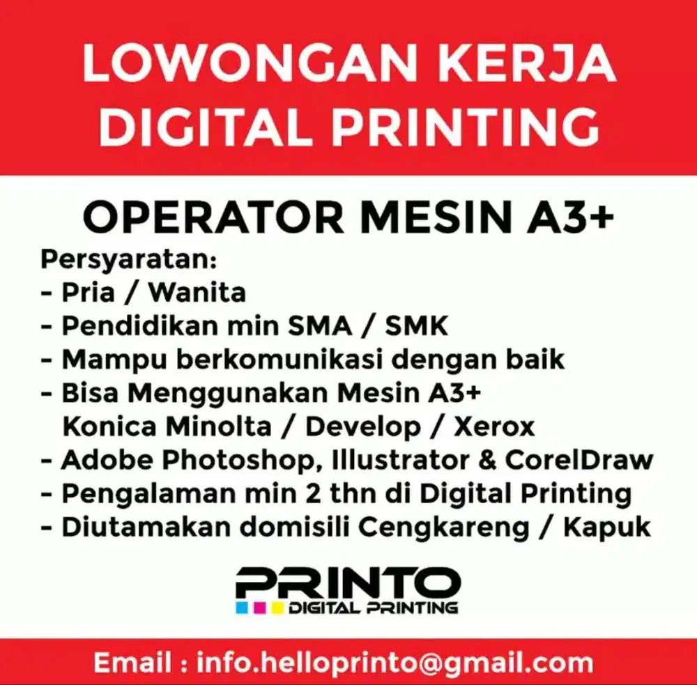 Lowongan Kerja Digital Print - Operator Mesin A3+