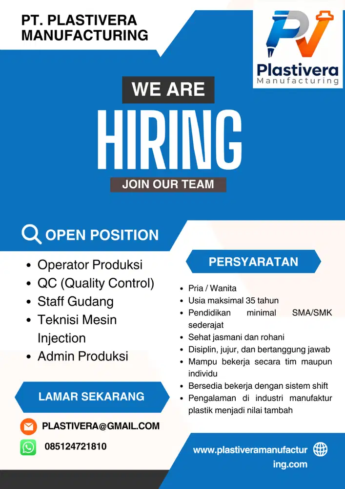 Lowongan Kerja PT. PLASTIVERA MANUFACTURING