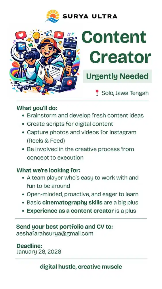 Dibutuhkan segera 1 orang Konten Kreator Social Media