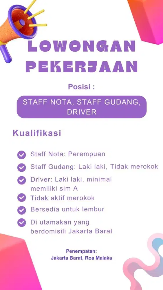 Lowongan Kerja - Staff Nota, Staff Gudang, Driver