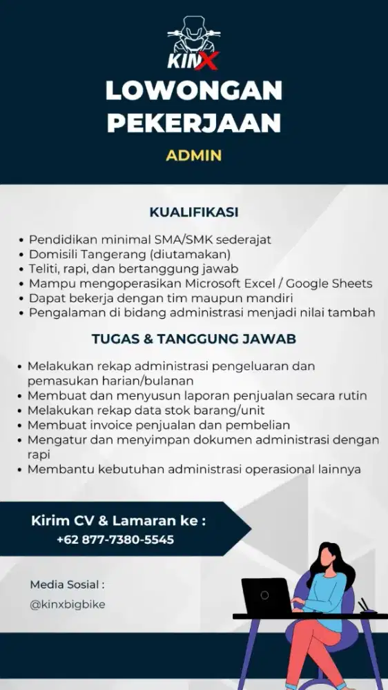 Dibutuhkan admin khusus wanita, penampilan menarik buat admin showroom
