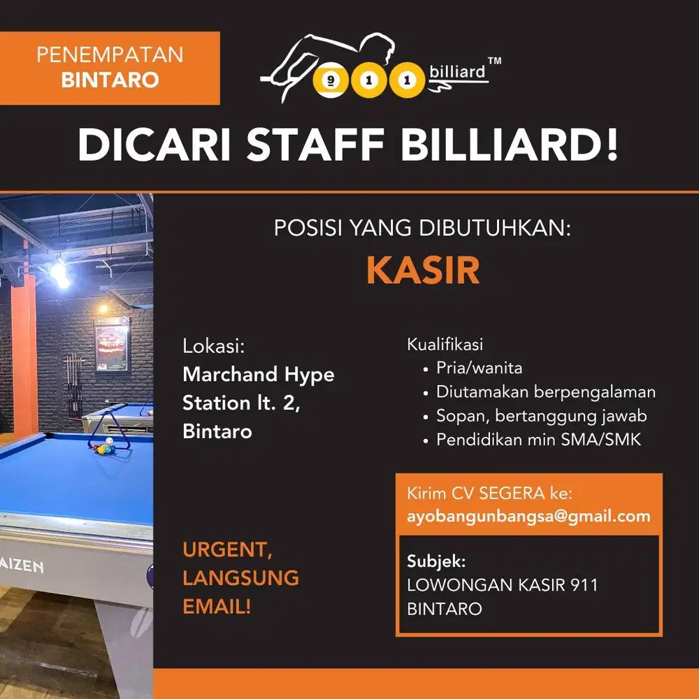 LOKER 911 BILLIARD BINTARO (KASIR)