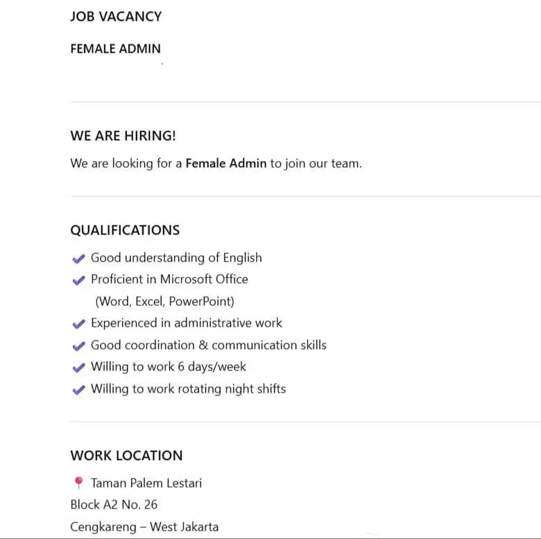 Job Vacancy – Female Admin