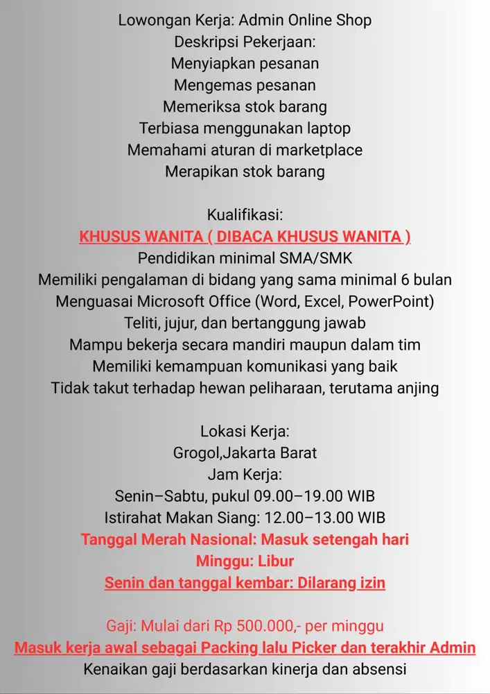 Dibutuhkan Admin Online Shop