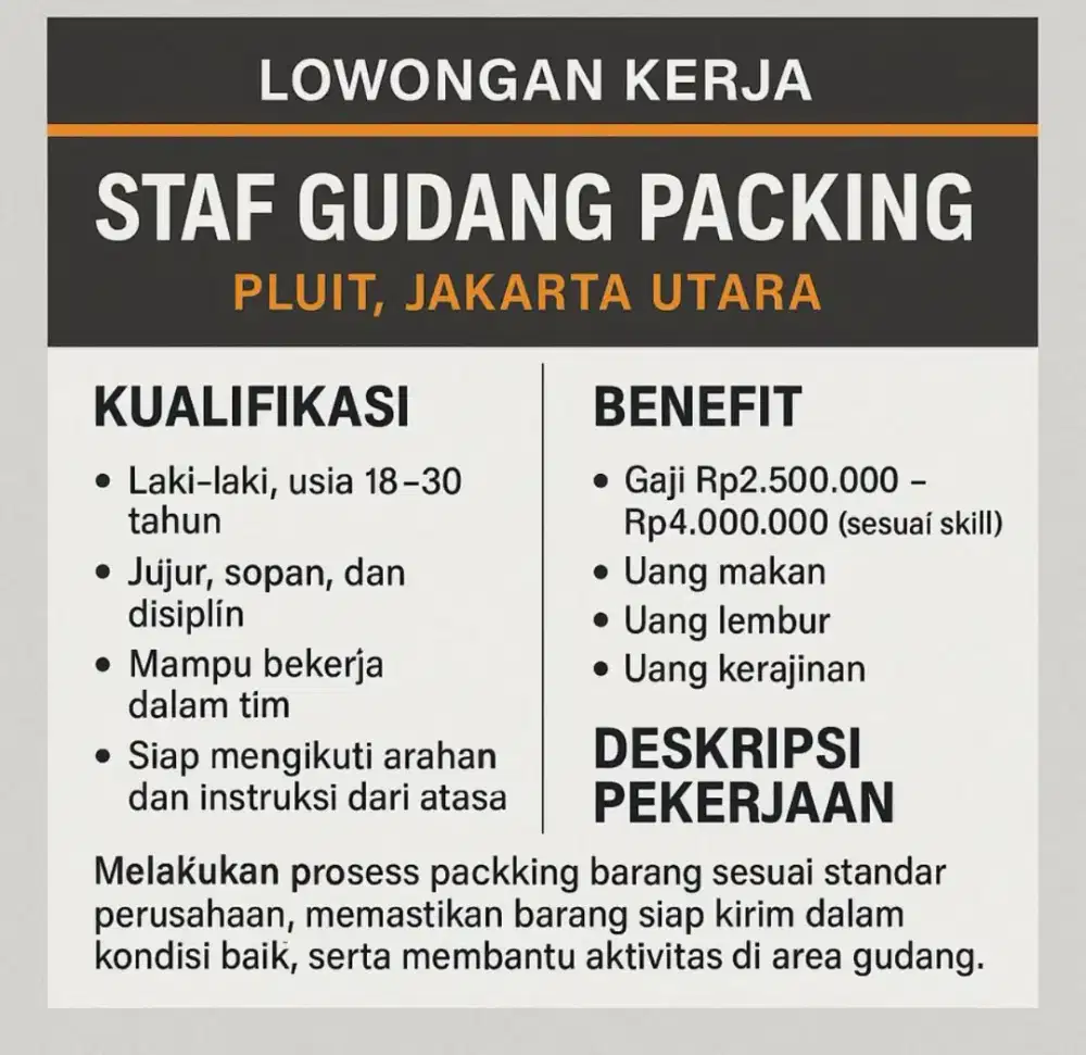 LOWONGAN KERJA STAFF GUDANG PACKING