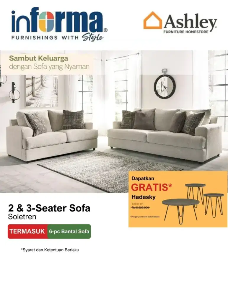 SET SOFA ASHLEY 2S + 3S FREE MEJA TAMU