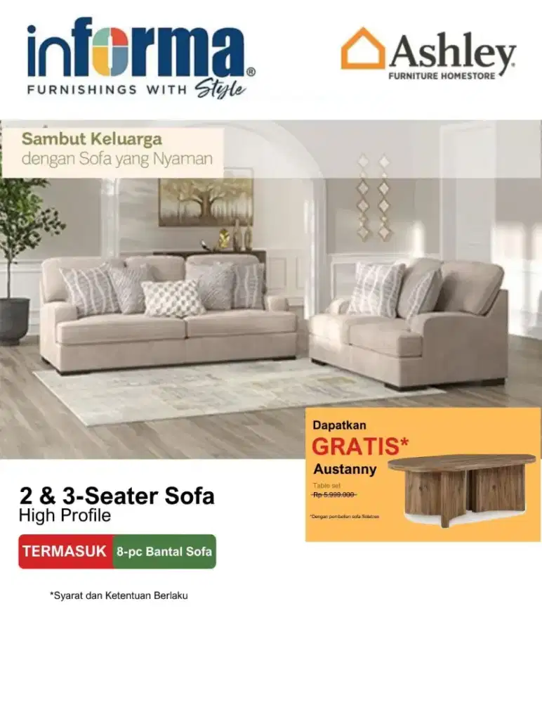 SET SOFA ASHLEY 2S + 3S FREE MEJA TAMU
