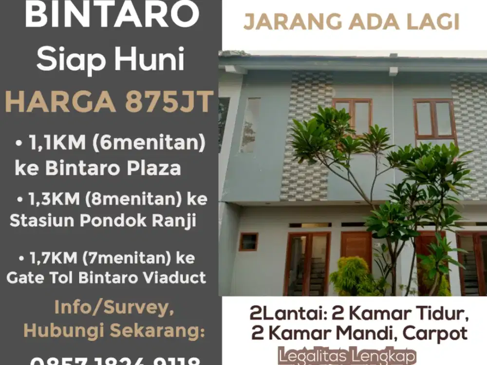 RUMAH BINTARO DEKAT STASIUN PONDOK RANJI (1,3KM/8menitan)