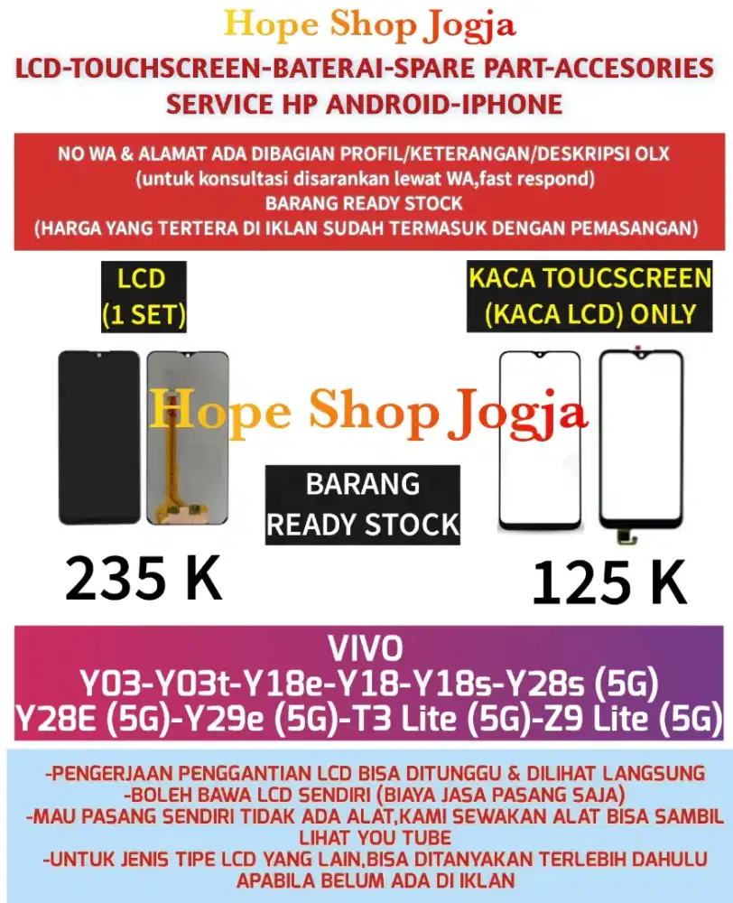 Touchscreen-Baterai-LCD VIVO
Y03-Y18-Y28e (5G)-T3 Lite (5G)-Z9 Lite 5G