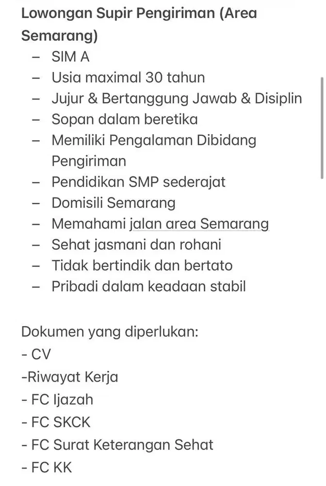 LOWONGAN SUPIR PENGIRIMAN