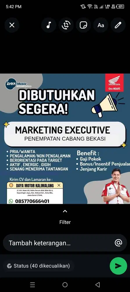 Di cari marketing lapangan Daya honda motor