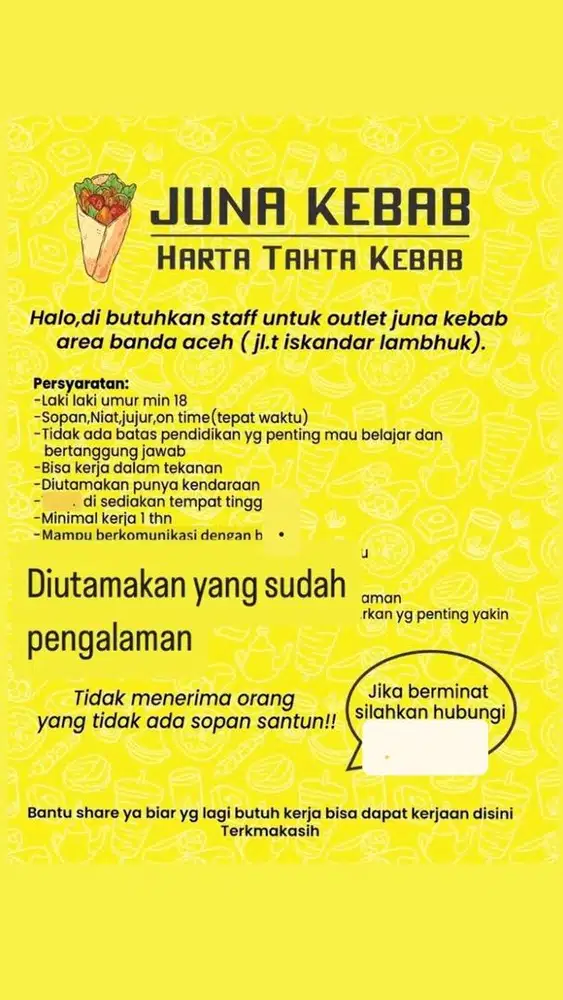 Dicari yg sudah pengalaman di kebab atau roti bakar!