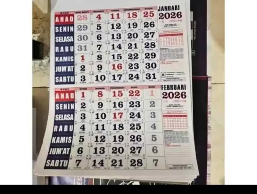 Kalender 2026 Bahan HVS
6 Lbr
Non Sablon
32 x 48 cm