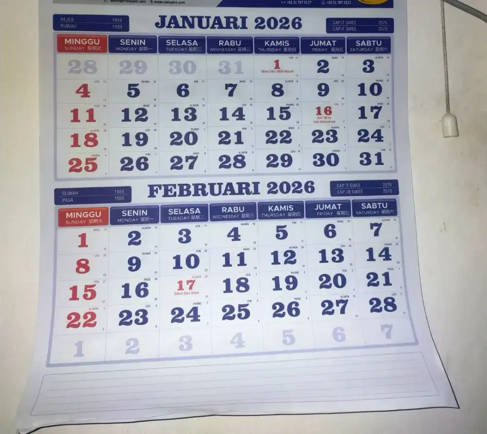 Kalender 2026 Bahan HVS
6 Lbr
Non Sablon
32 x 48 cm