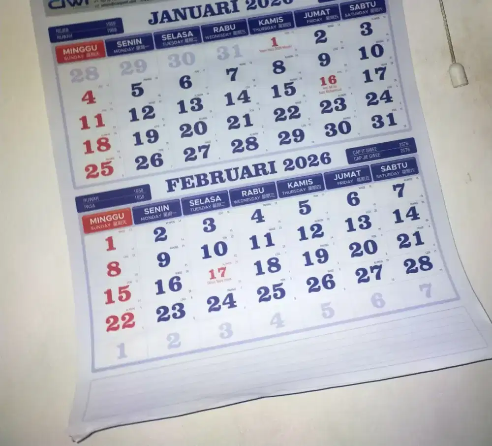 Kalender 2026 Bahan HVS
6 Lbr
Non Sablon
32 x 48 cm