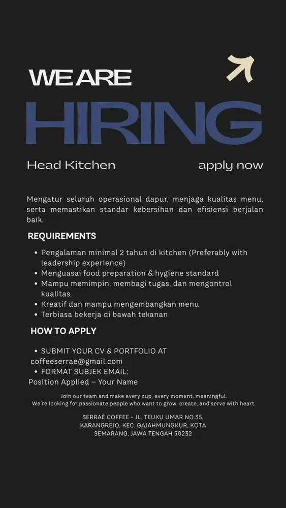 Butuh segera head kitchen berpengalaman