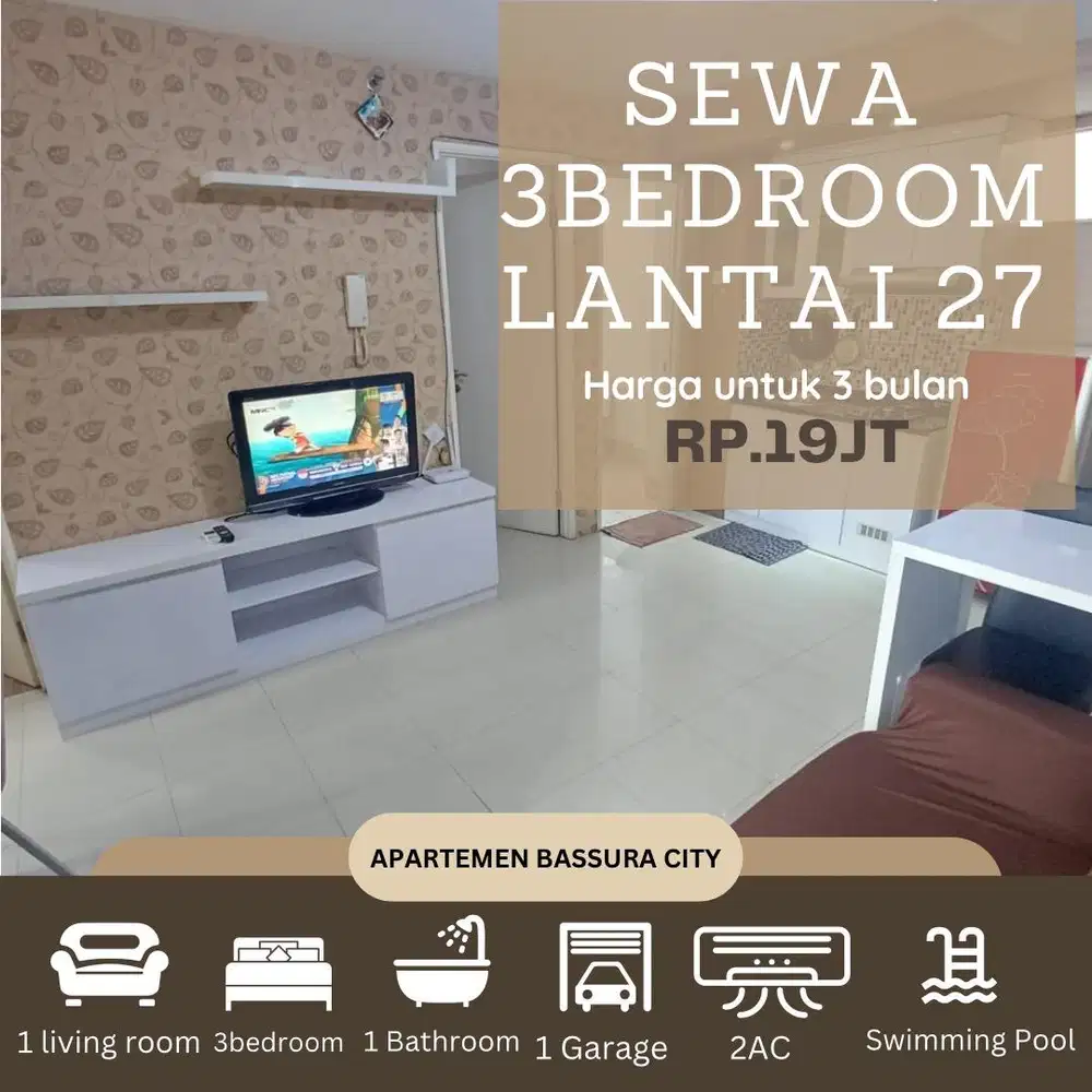 sewa 3 kamar full furnish dekat mall apartemen bassura city