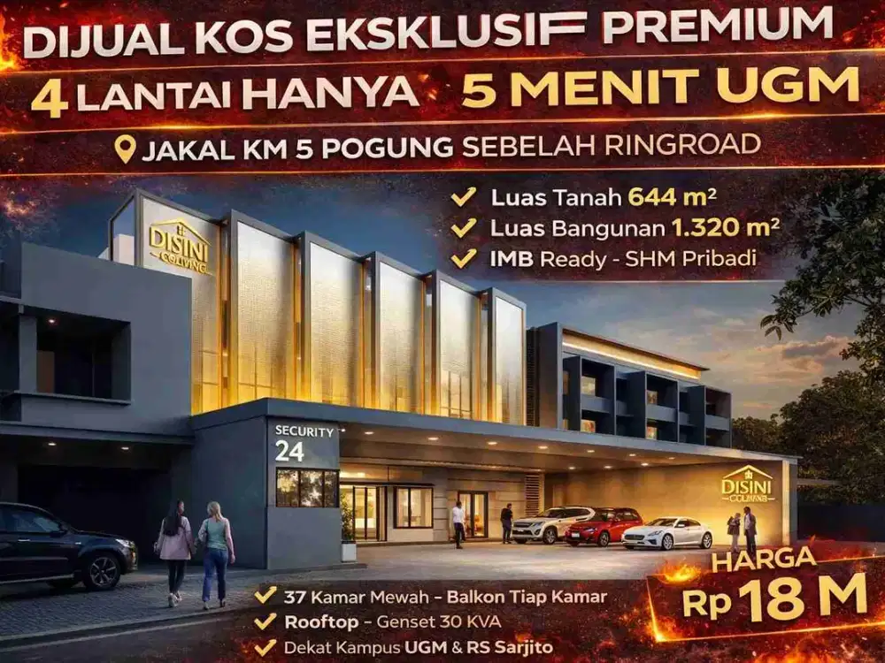 Jual Kos Eksklusif 4 Lantai Dekat UGM Jogja – 37 Kamar, SHM, Ring Road
