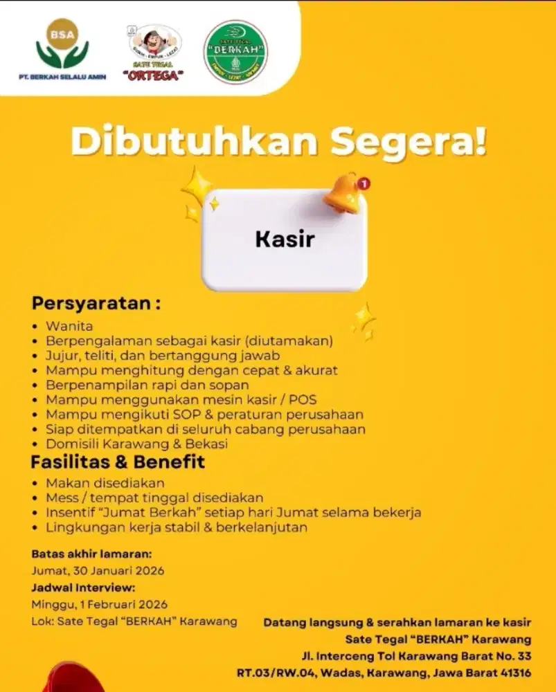 Dibutuhkan Segera Crew Resto Sate Tegal