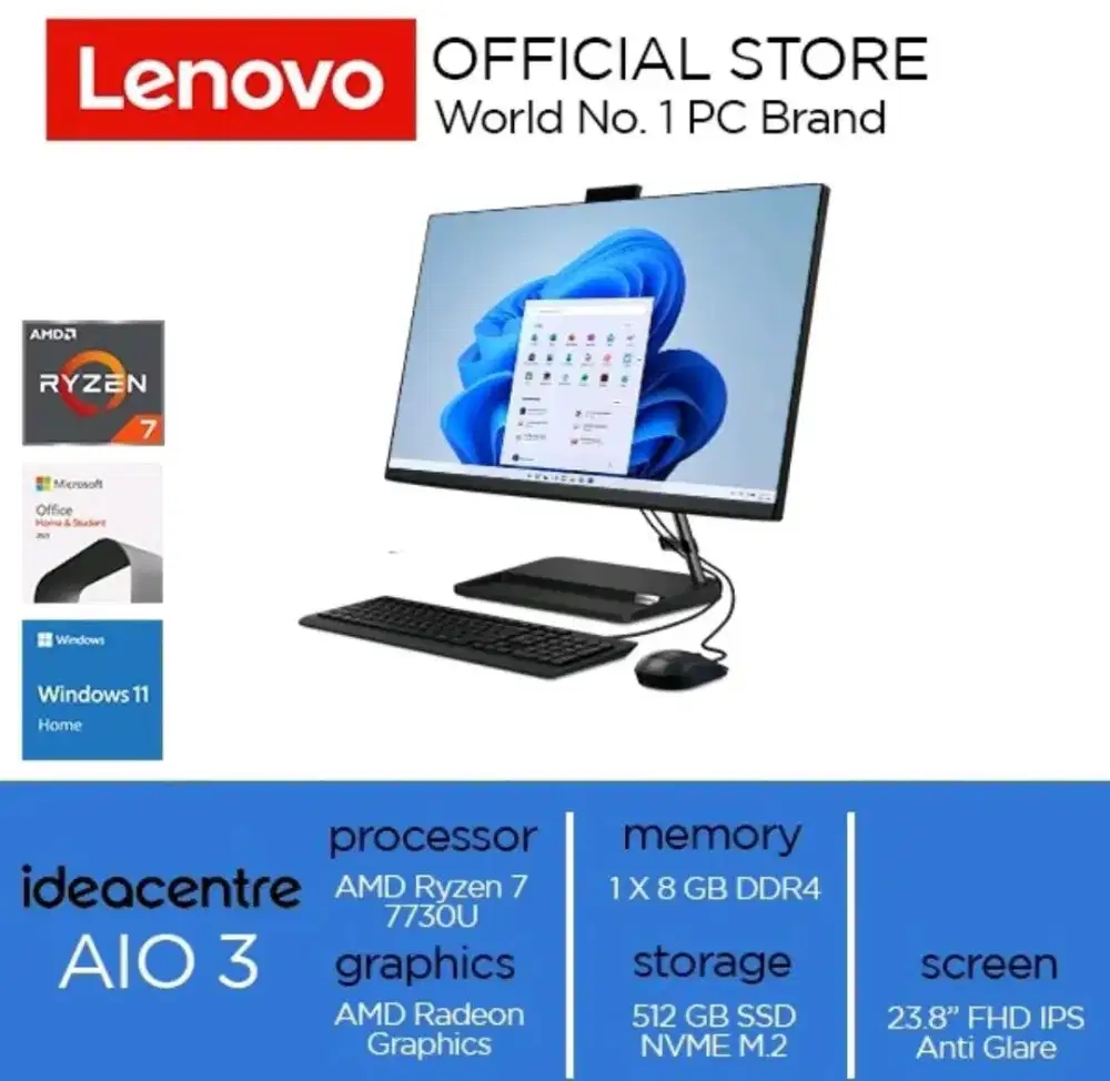 Computer Lenovo IdeaCentre PC AIO Ryzen 7 7730U 8GB 512GB SSD 23.8FHD