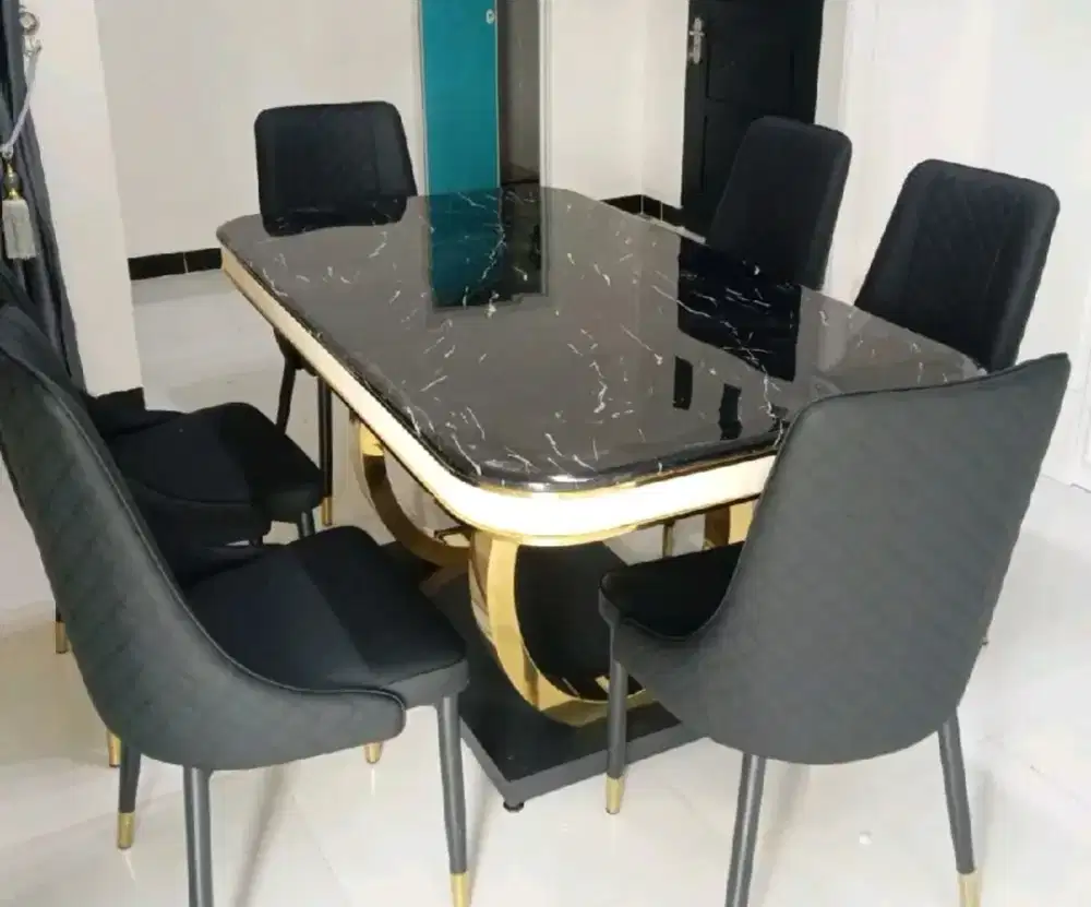 Meja makan 6 kursi import batu marmer asli kaki besi+stainless steel