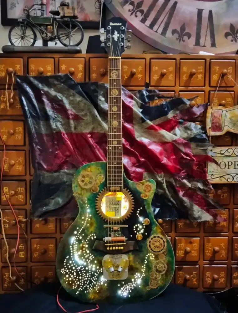Gitar dekorasi lampu steampunk lawas retro lawas jam sepeda antik