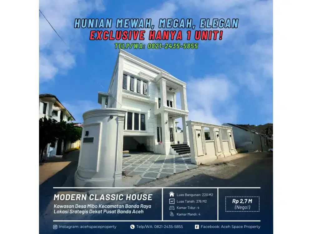 Dijual Rumah Classic Mewah di Mibo Kota Banda Aceh - Exclusive Hanya 1 Unit!