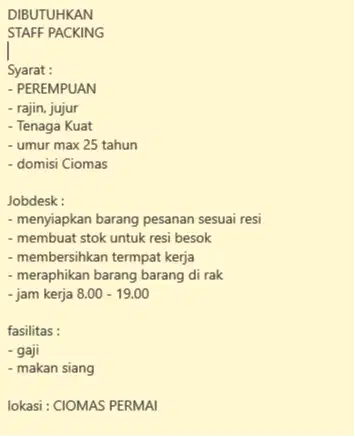 dibutuhkan segera staff packing online shop
