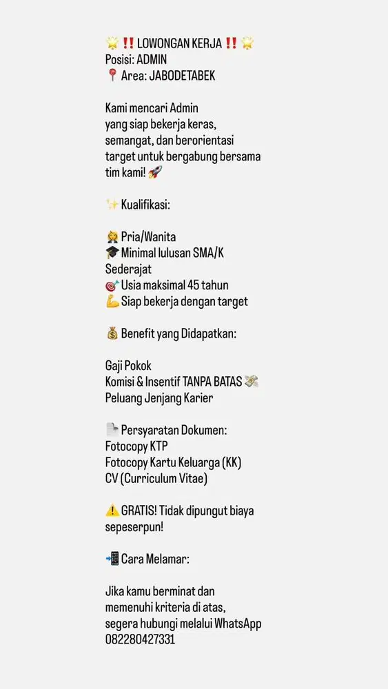 Lowongan kerja Admin jakarta