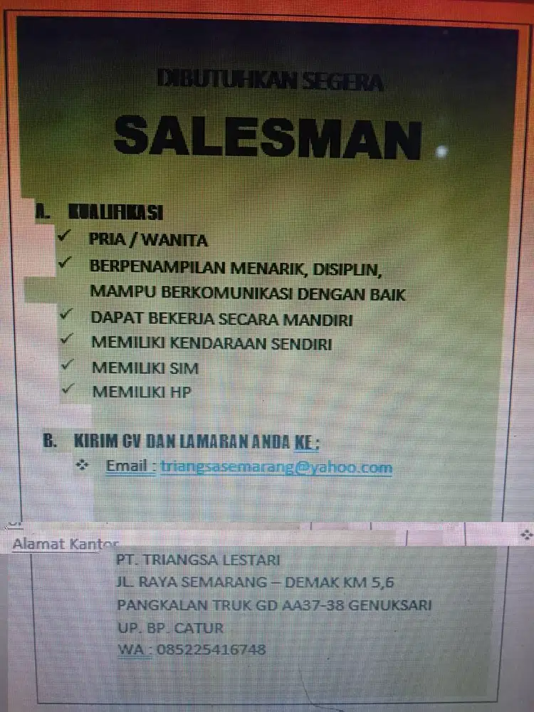 DI CARI SALESMAN PRIA DAN WANITA