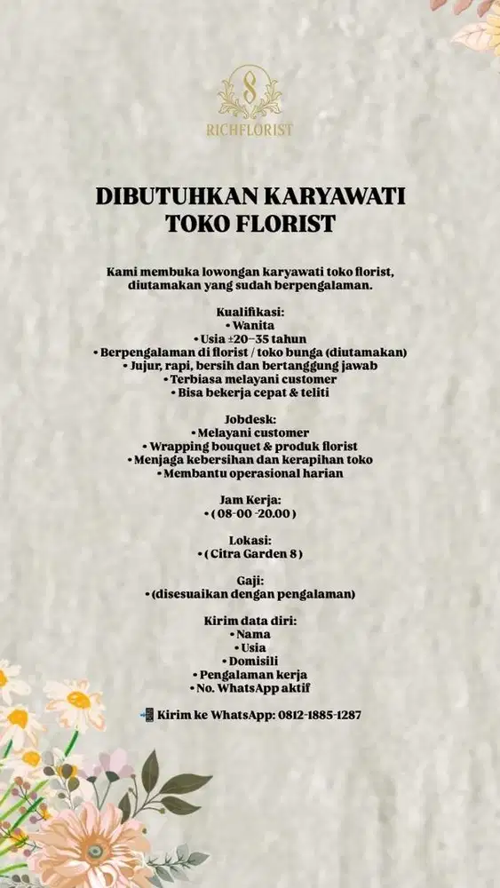 Lowongan Kerja Karyawati Florist Citra Garden 8