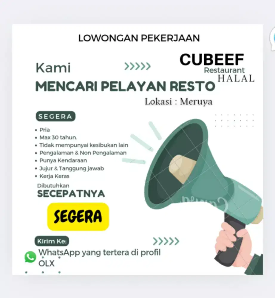 DI BUTUHKAN PENYAJIAN RESTO CUBEEF HALAL