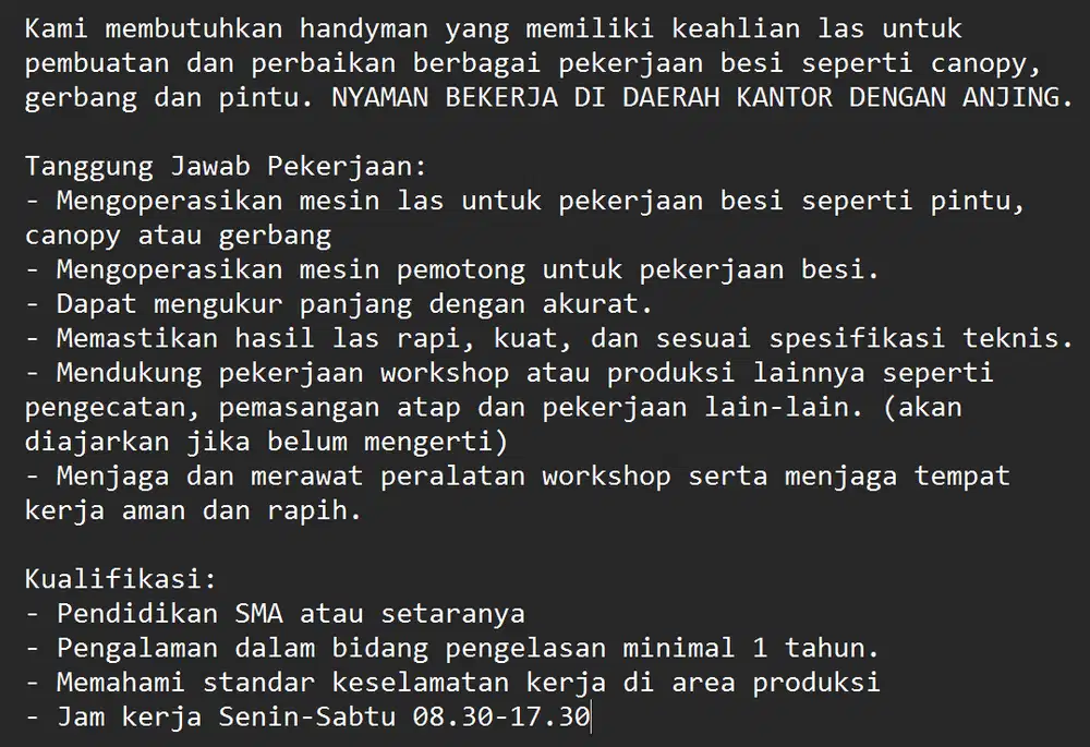 Tukang Las/ Helper Tukang Las/ Handyman Teknisi Kantor