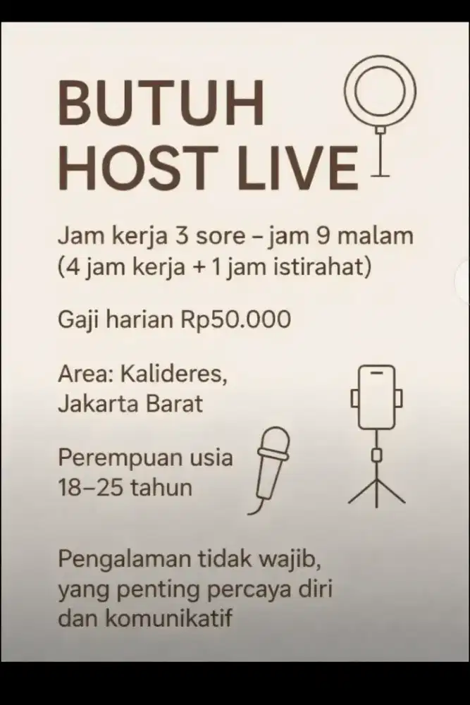 Dibutuhkan Host Live Online Shop Area Kalideres - Gaji Harian 50Rb