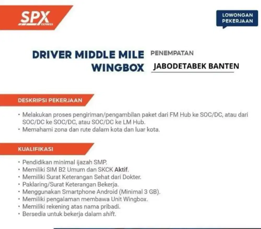 Haloo,Shopee Express sedang Membuka lowongan untuk driver CDD.