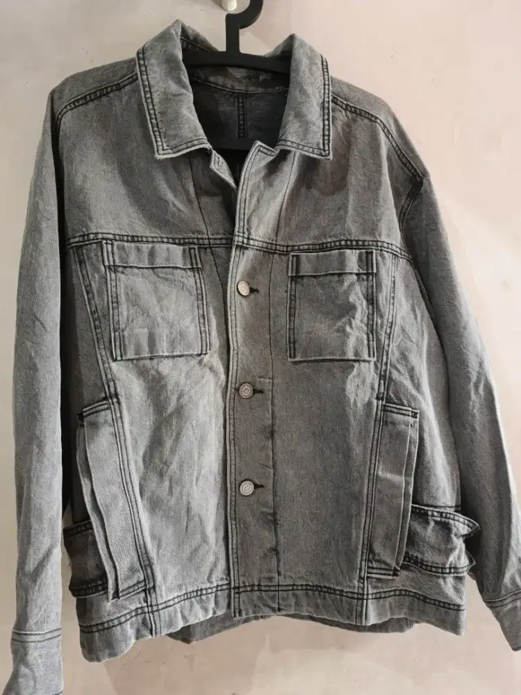 Jaket jeans tebal abu premium