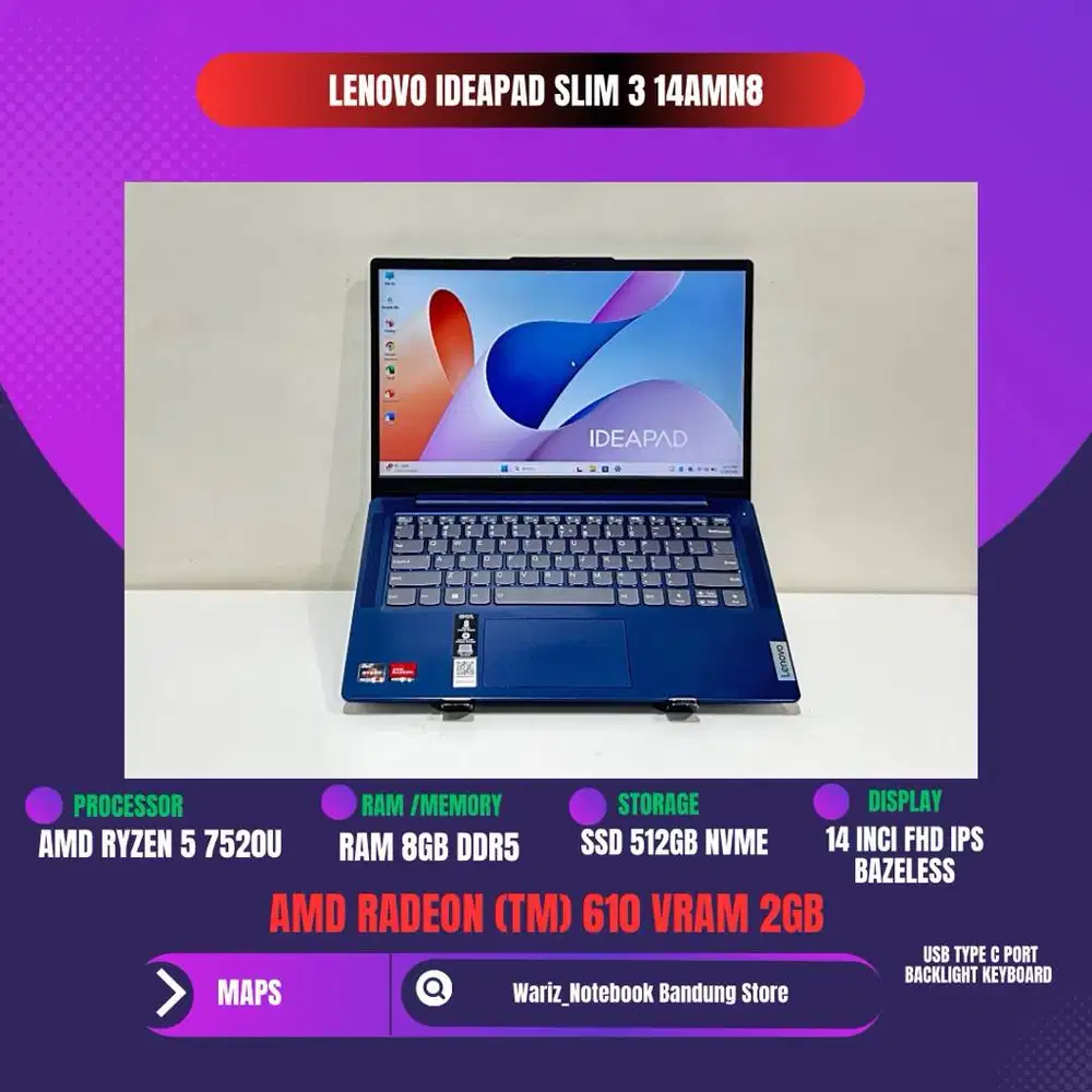 LENOVO IDEAPAD SLIM 3 14AMN8 RYZEN 5 7520U RAM 8GB DDR5 SSD 512GB 14in