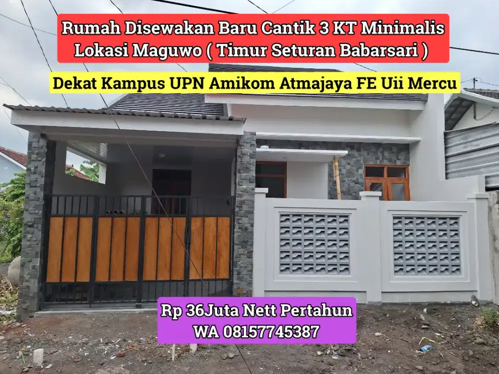 RUMAH BARU DISEWAKAN 3KT DEKAT UPN SETURAN BABARSARI ATMAJAYA 36JT NET