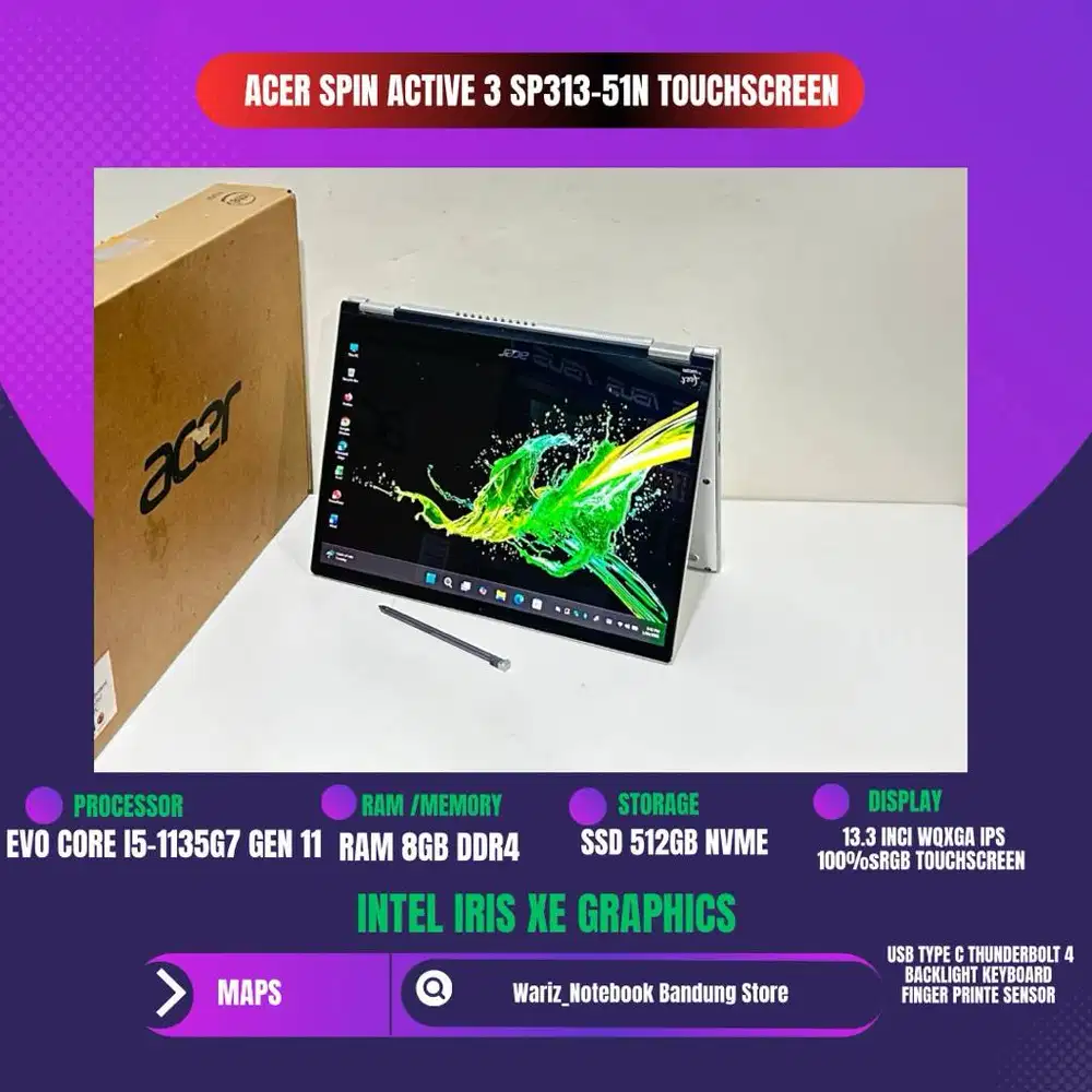 ACER SPIN 3 Active SP313-51N CORE I5-1135G7 RAM 8GB SSD 512GB 13.3inci