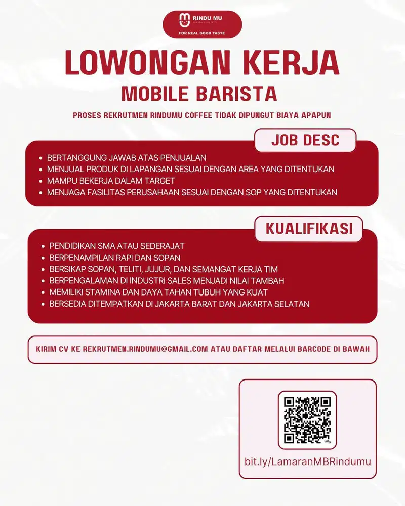 Lowongan Kerja MOBILE BARISTA - RINDUMU