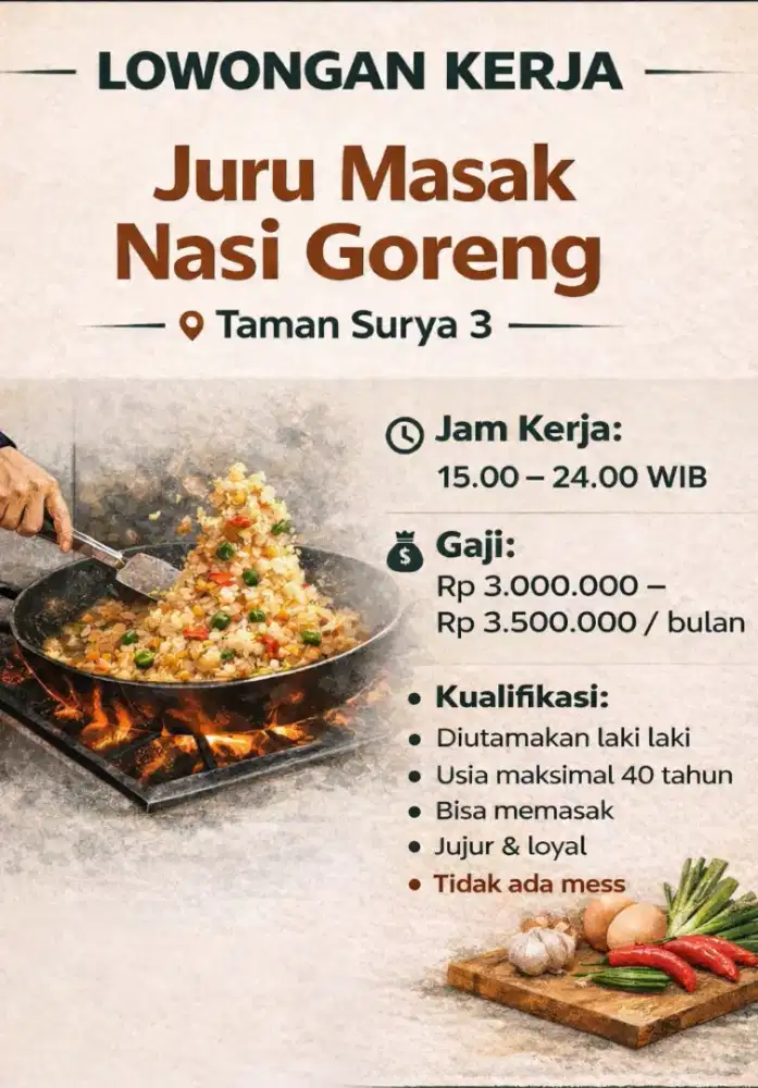 Dibutuhkan Juru Masak Nasi Goreng untuk usaha kuliner.