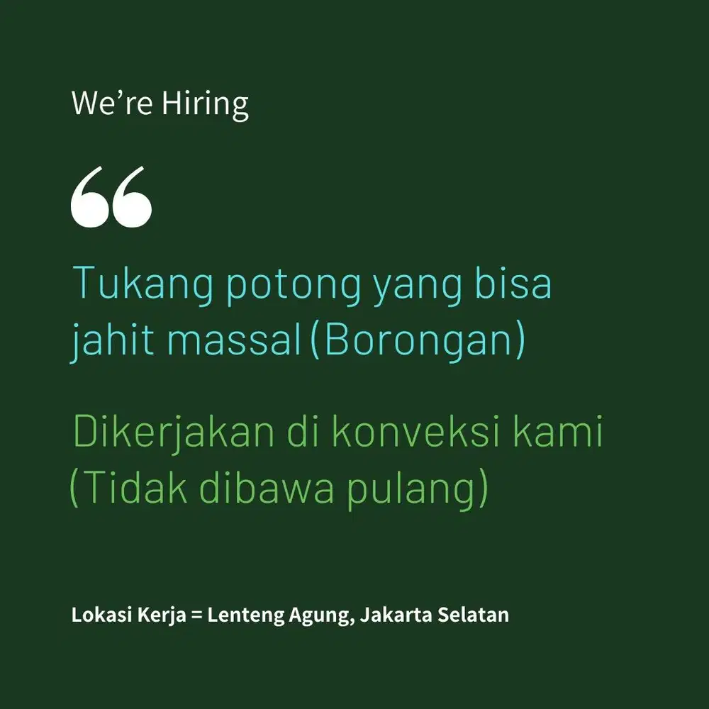 Dibutuhkan Tukang Pola Potong yang bisa Jahit Borongan