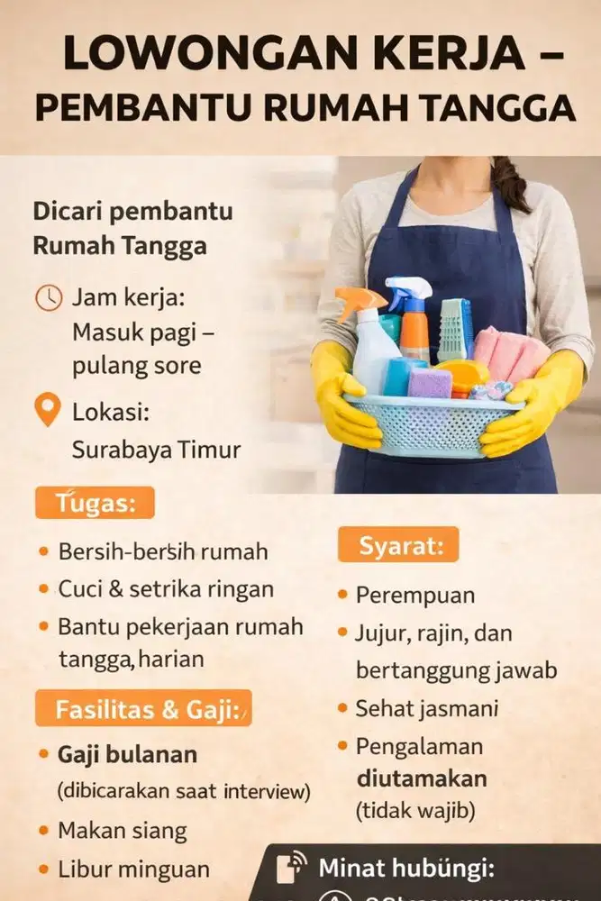 Dicari pembantu rumah tangga freelance atau warnen