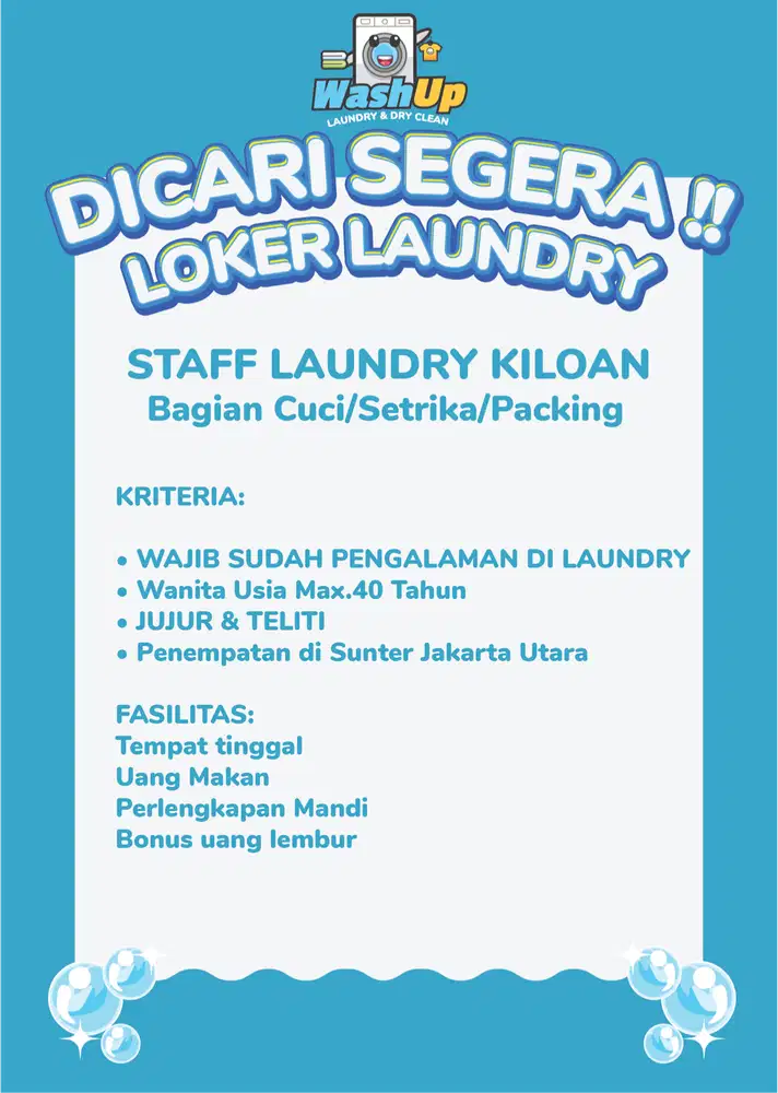DICARI STAFF LAUNDRY CUCI/SETRIKA/PACKING & KURIR