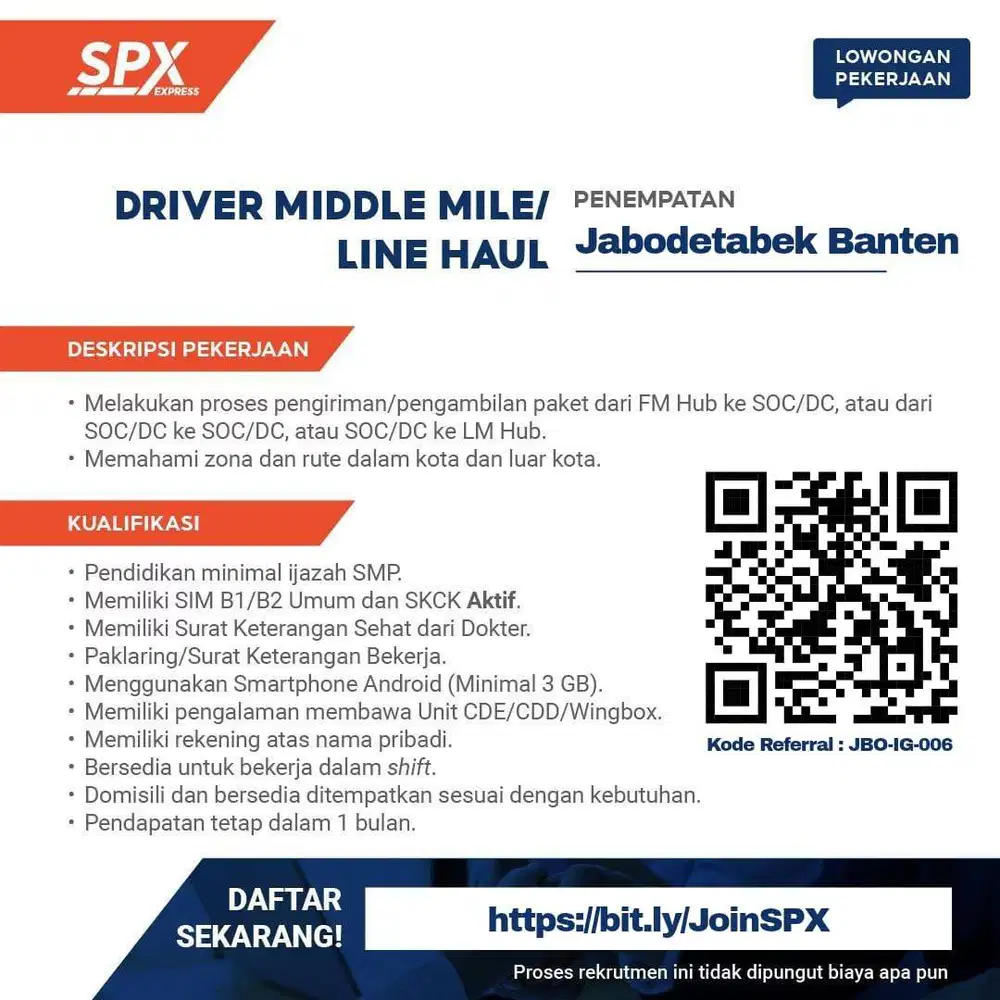 LOWONGAN KERJA DRIVER LINEHAUL CDD/WB.TRAILER SPX EXPRESS