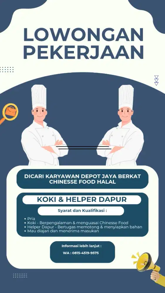 Lowongan Pekerjaan Koki &  Helper Chinesse Food Halal