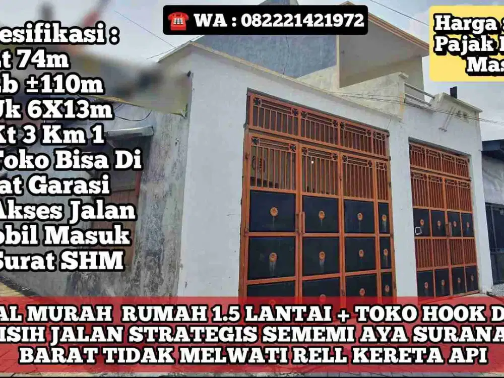 Di Jual Rumah 1.5 Lantai Toko Sememi Jaya Surabaya Hook Tidak Melewati Rell Kereta Api
